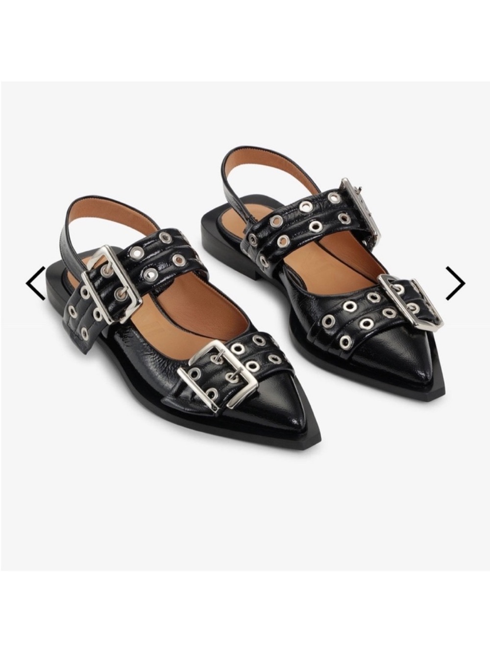 Ganni Black Pointed Leather Slingback Flats with Silver Buckles